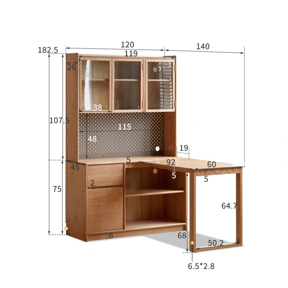 Lazio natural solid oak return storage desk with hutch, pegboard, and glass cabinet