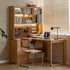 Lazio natural solid oak return storage desk with hutch, pegboard, and glass cabinet