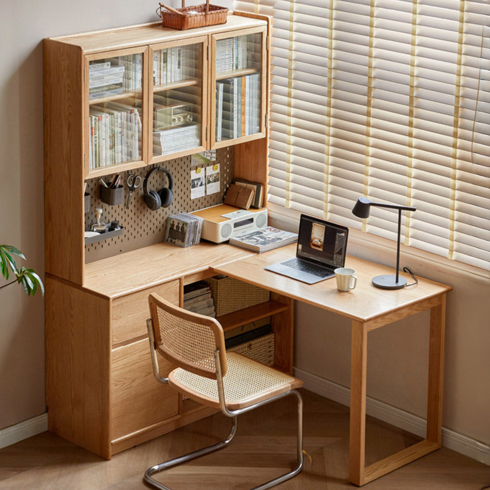 Lazio natural solid oak return storage desk with hutch, pegboard, and glass cabinet