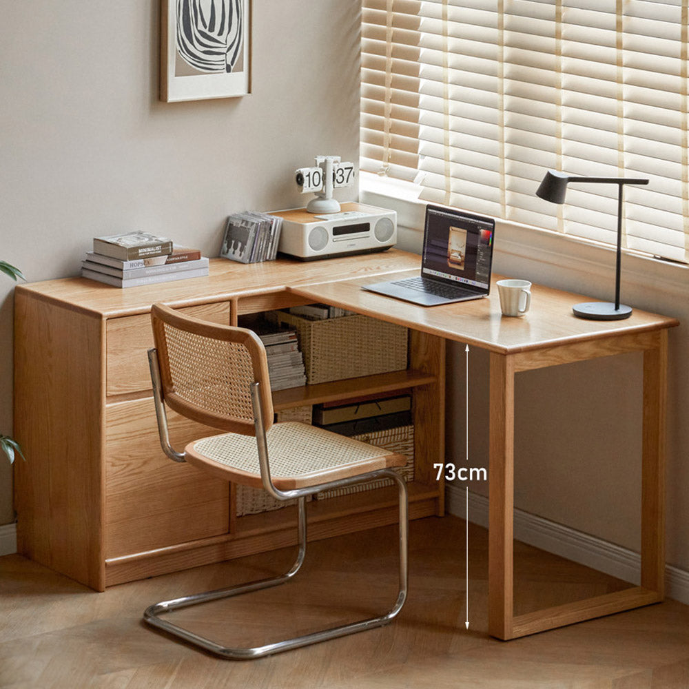 Lazio solid oak corner desk with drawers, open shelves, and integrated work surface