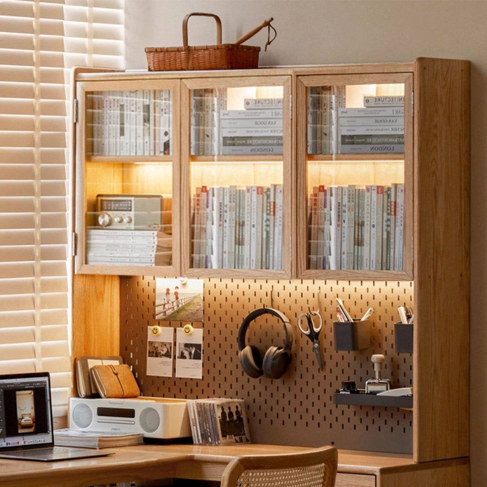 Lazio natural solid oak return storage desk with hutch, pegboard, and glass cabinet