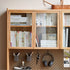Lazio natural solid oak return storage desk with hutch, pegboard, and glass cabinet