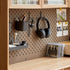 Lazio natural solid oak return storage desk with hutch, pegboard, and glass cabinet