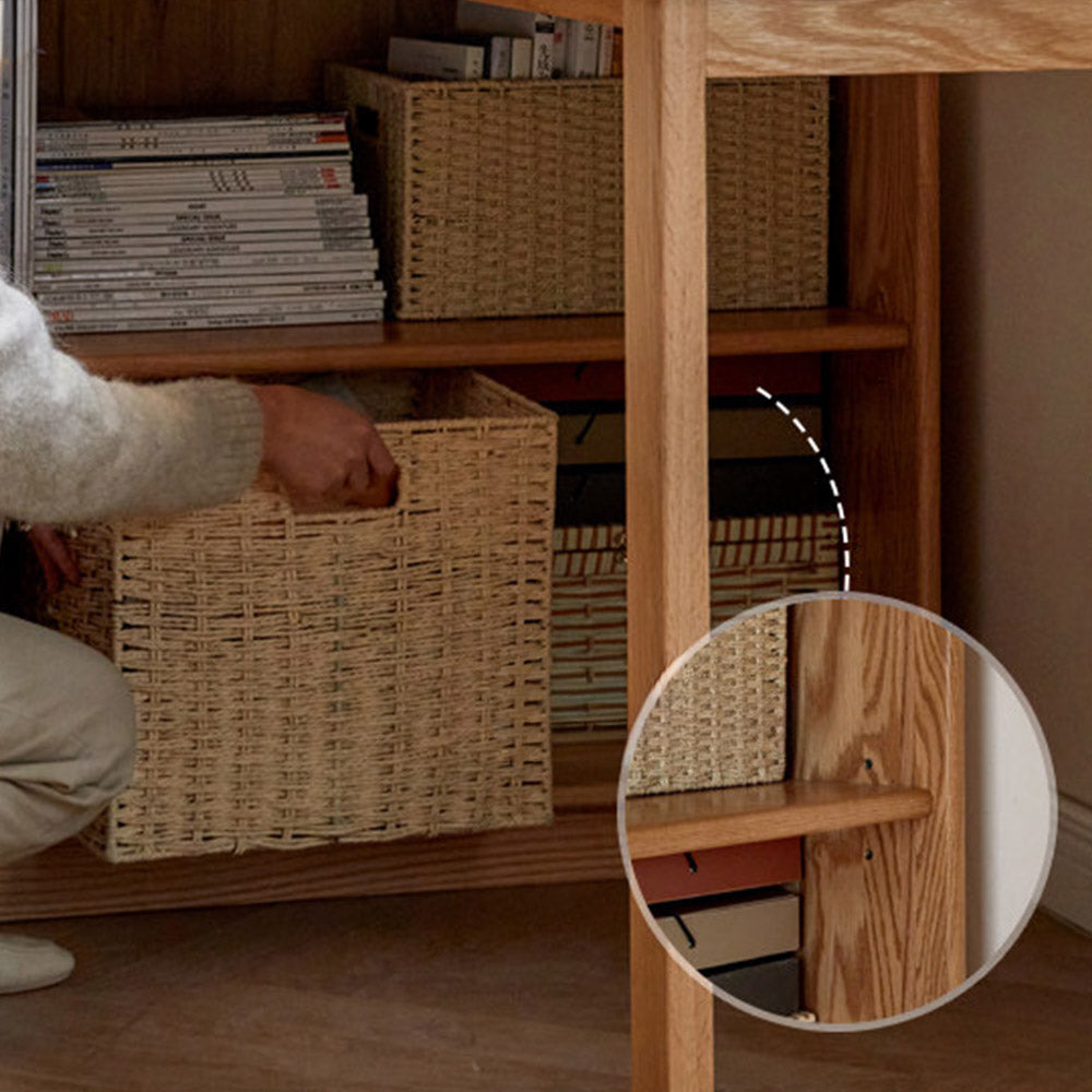 Lazio natural solid oak return storage desk with hutch, pegboard, and glass cabinet