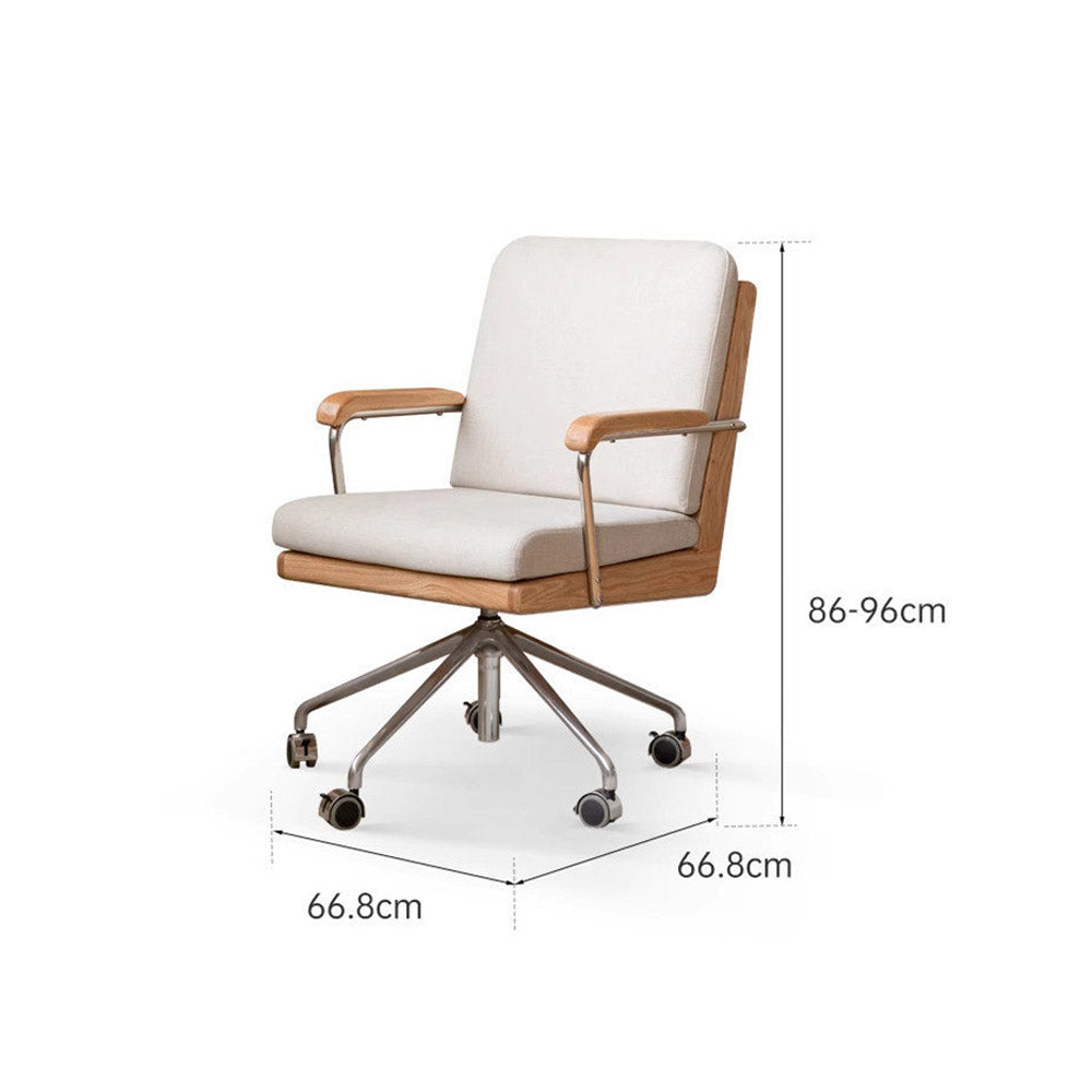 Lecca natural solid oak office chair with warm white fabric cushion and swivel base in a modern home office