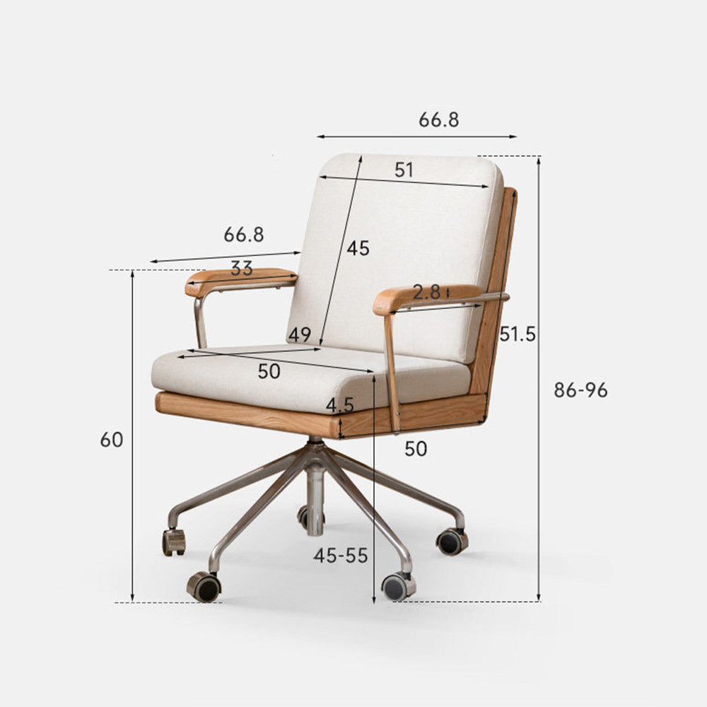 Lecca natural solid oak office chair with warm white fabric cushion and swivel base in a modern home office