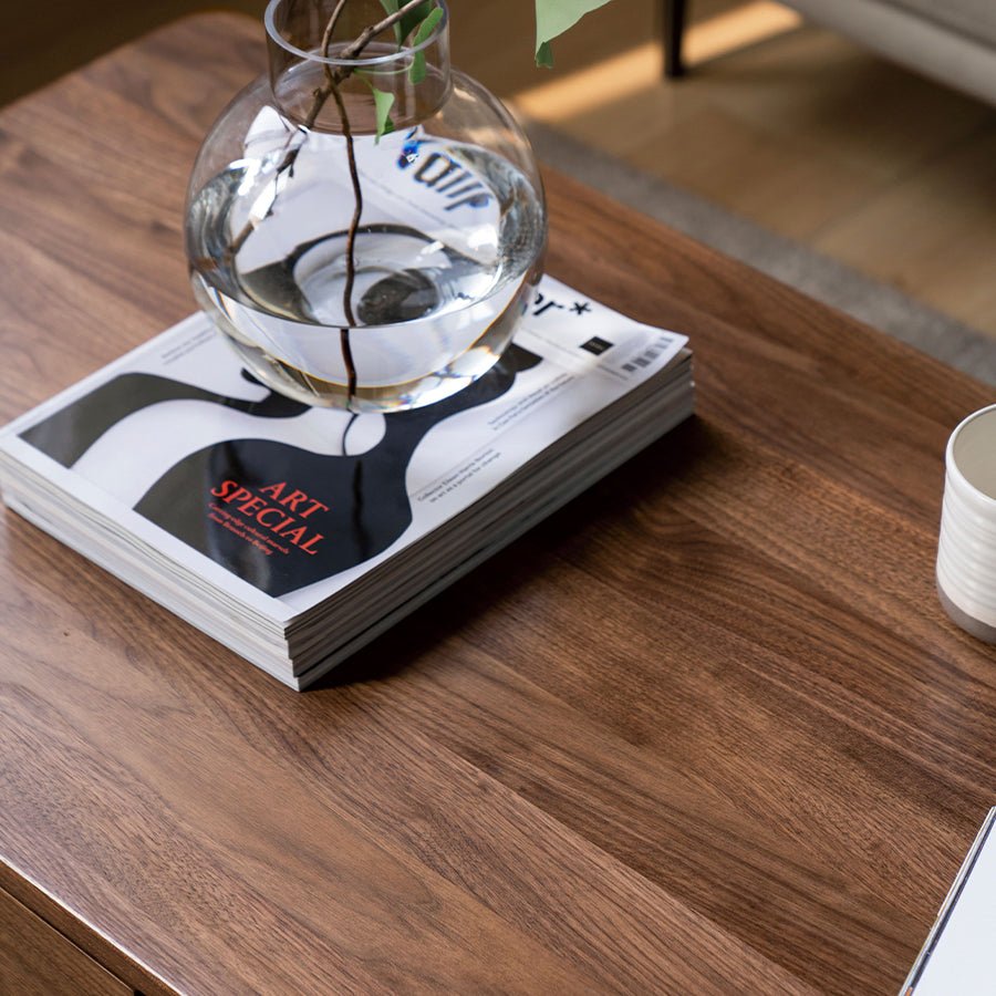 Leeds Natural Solid Walnut Coffee Table | wooden coffee table with drawers for NZ living room | Oak Furniture Store