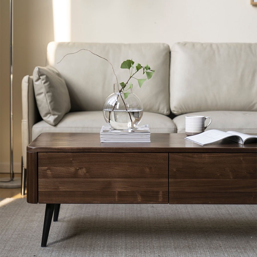 Leeds Natural Solid Walnut Coffee Table | wooden coffee table with drawers for NZ living room | Oak Furniture Store
