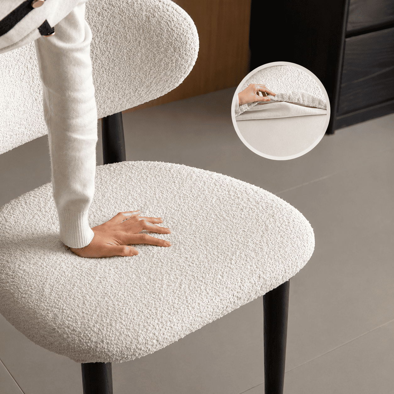 Solid oak dining chair with charcoal finish legs and textured fabric upholstery for modern dining rooms