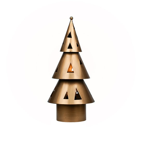 Large gold metal light-up Christmas tree decoration with tiered conical design and triangular cutout details