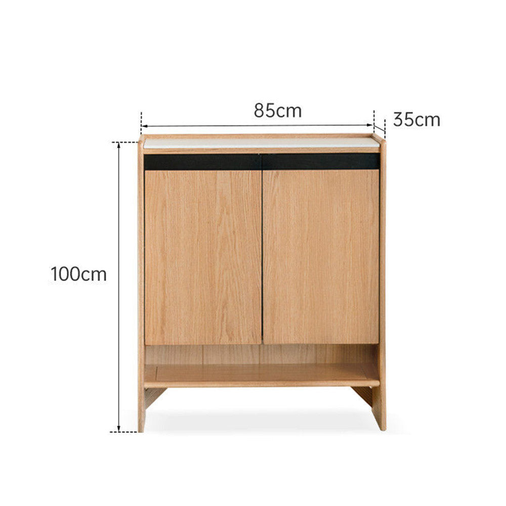 Limina natural solid oak shoe cabinet with white ceramic top, adjustable internal shoe racks and open shoe storage shelves in a hallway