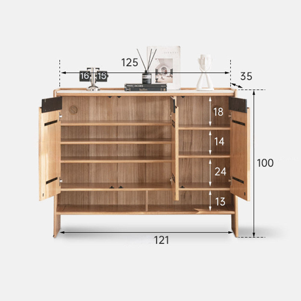 Limina natural solid oak shoe cabinet with white ceramic top, adjustable internal shoe racks and open shoe storage shelves in a hallway