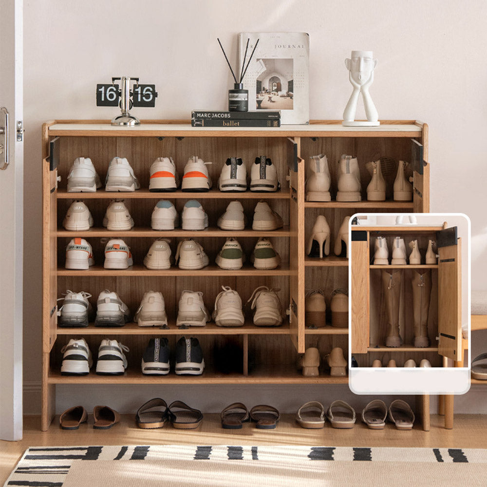 Limina natural solid oak shoe cabinet with white ceramic top, adjustable internal shoe racks and open shoe storage shelves in a hallway