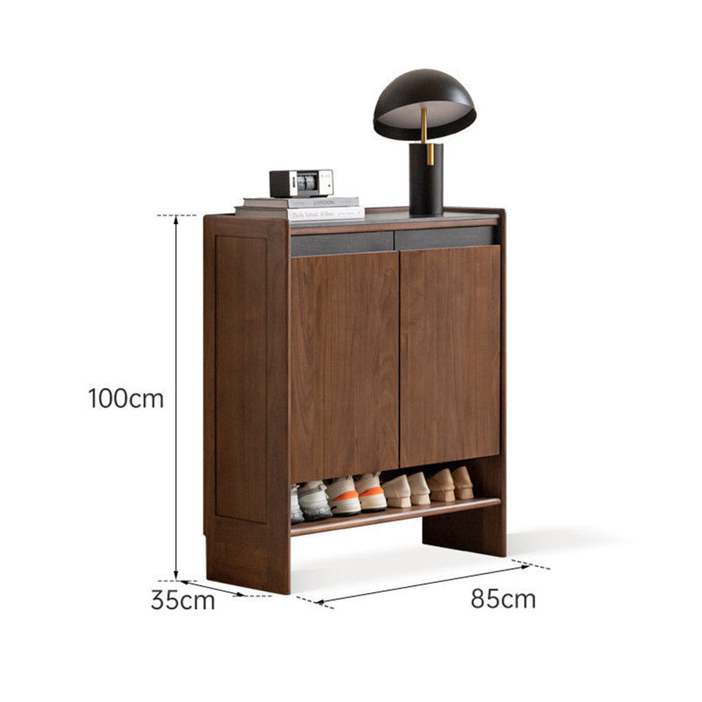 Limina natural solid walnut shoe cabinet with white ceramic top, adjustable internal shoe racks and open shoe storage shelves in a hallway