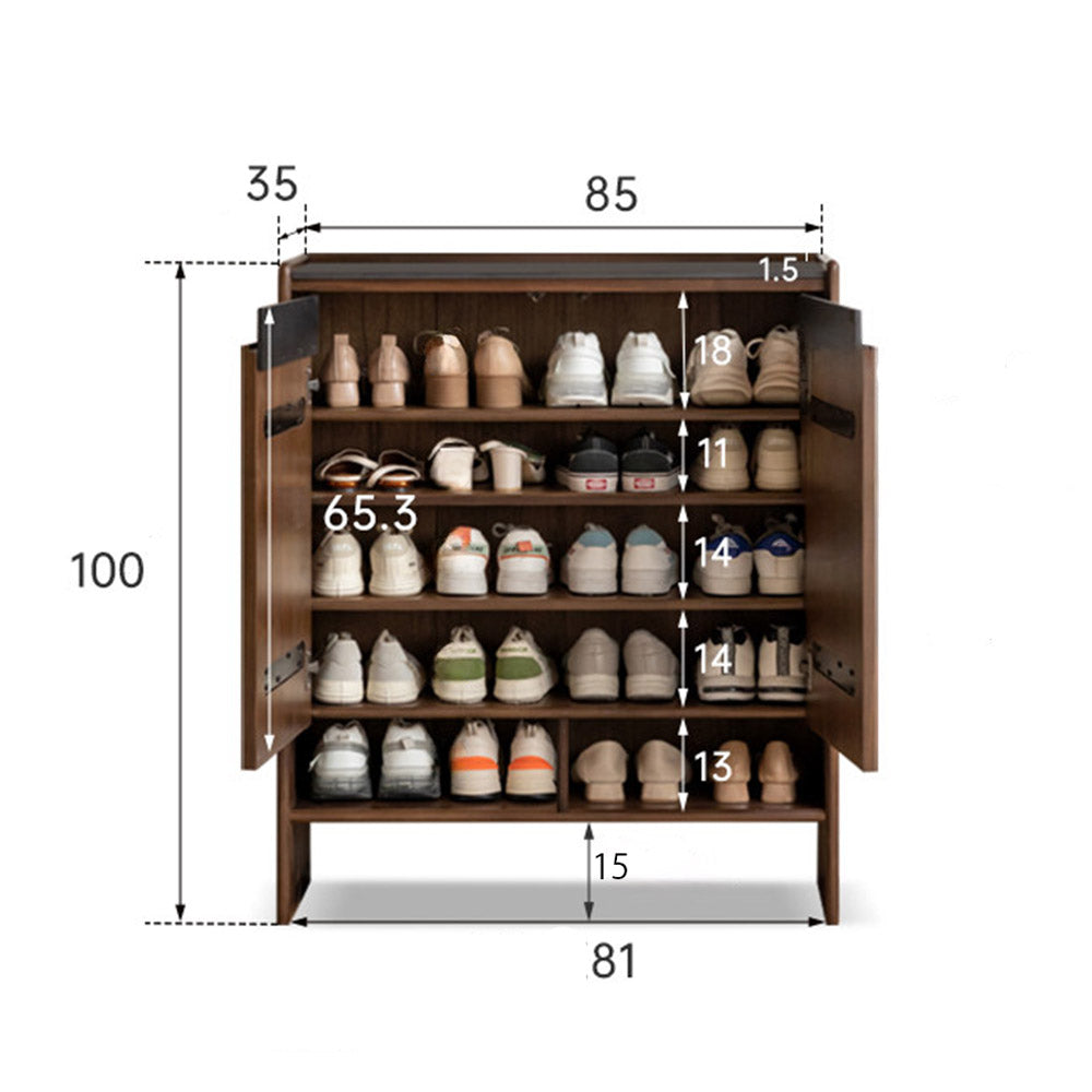 Limina natural solid walnut shoe cabinet with white ceramic top, adjustable internal shoe racks and open shoe storage shelves in a hallway