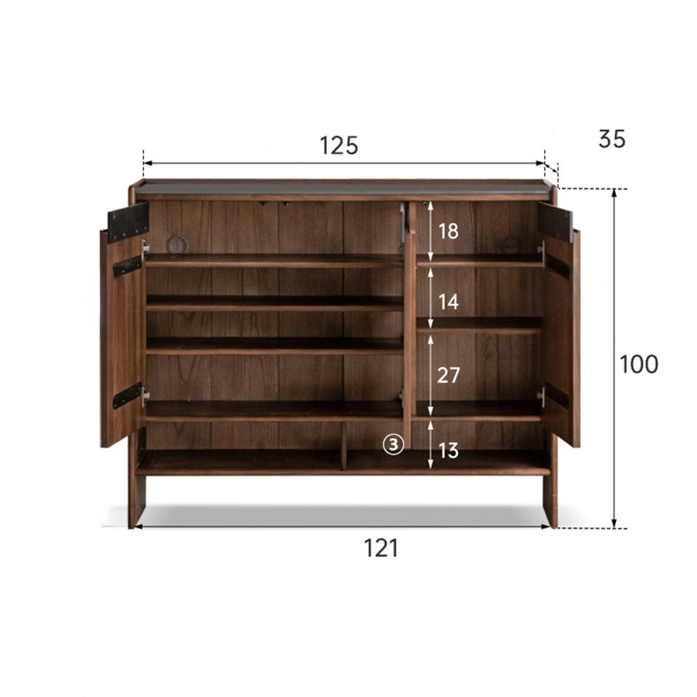 Limina natural solid walnut shoe cabinet with white ceramic top, adjustable internal shoe racks and open shoe storage shelves in a hallway