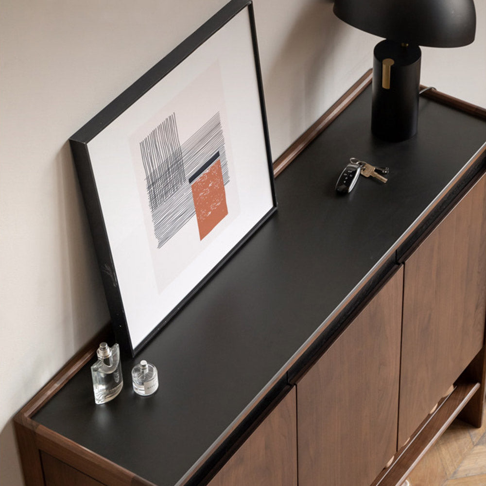 Limina natural solid walnut shoe cabinet with white ceramic top, adjustable internal shoe racks and open shoe storage shelves in a hallway