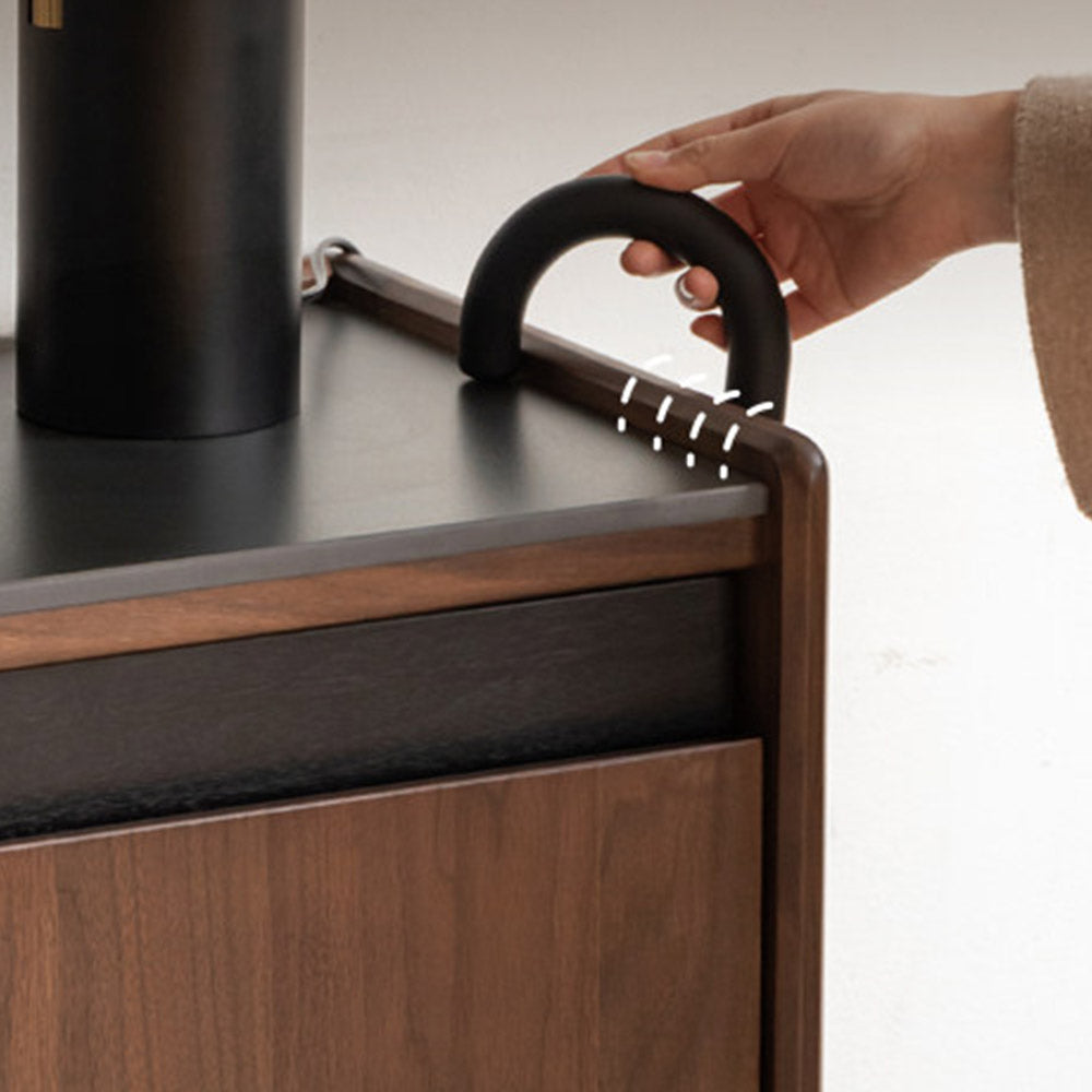 Limina natural solid walnut shoe cabinet with white ceramic top, adjustable internal shoe racks and open shoe storage shelves in a hallway