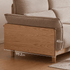 Lipari Natural Solid Oak Chenille Sofa side detail showing beige chenille cushions, natural oak wood grain arm panel and 93.2cm by 40cm dimensions
