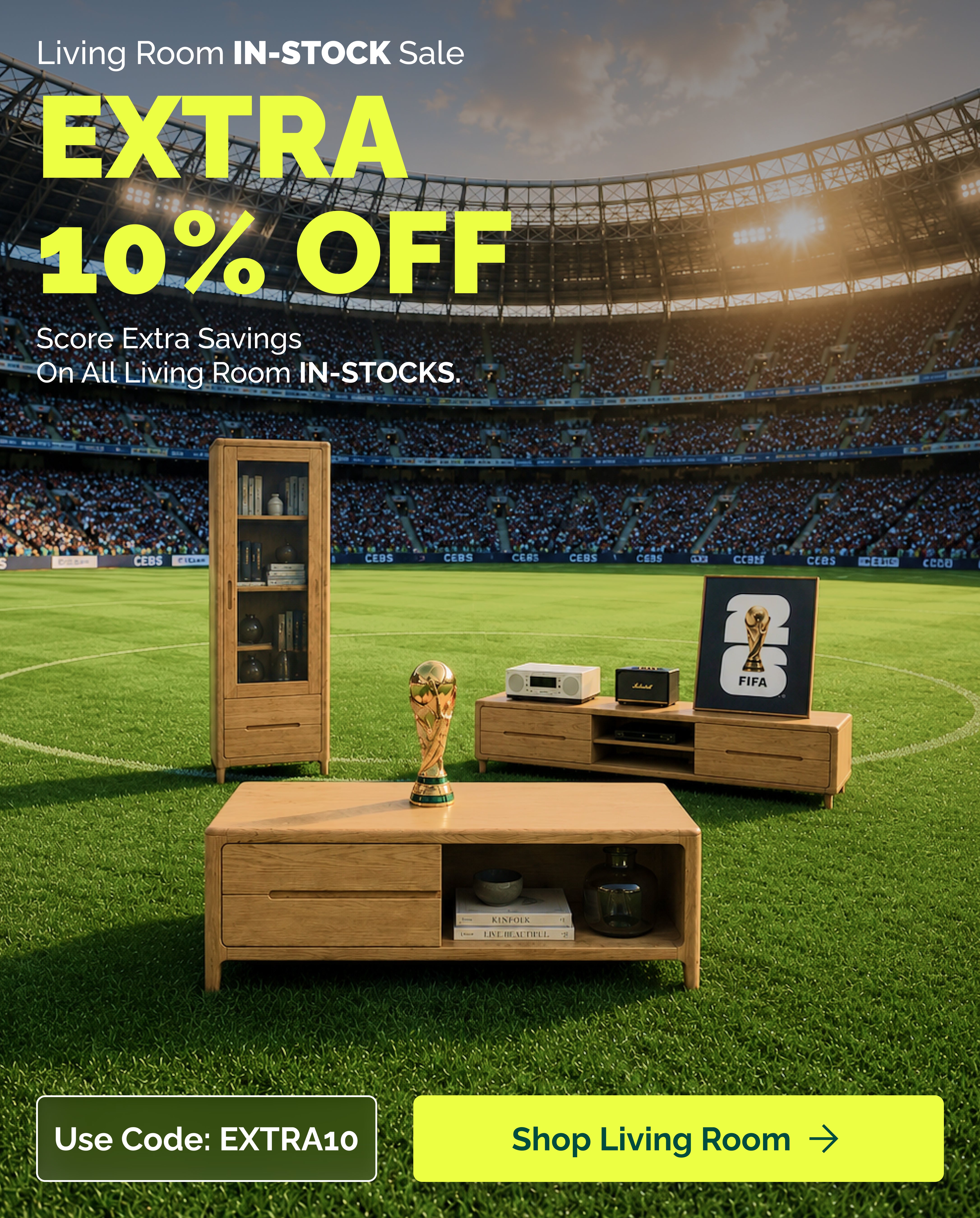 Living Room In-Stock Sale at Oak Furniture Store featuring extra 10 percent off wooden living room furniture including a coffee table, entertainment unit and display cabinet