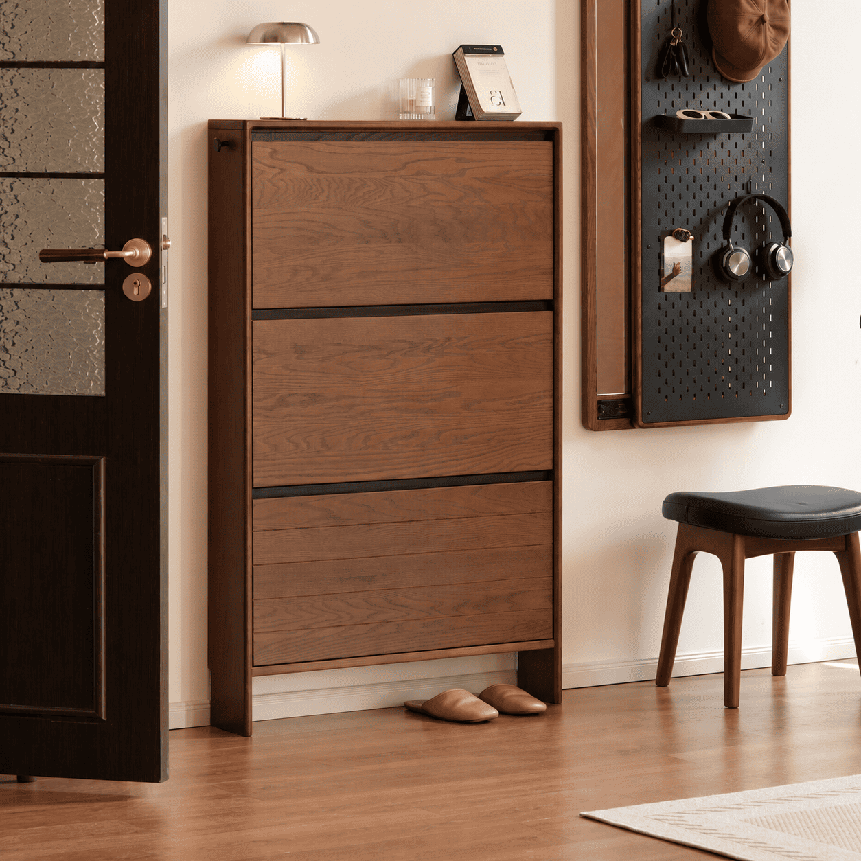 Lowell Solid Oak Shoe Cabinet in Walnut Colour