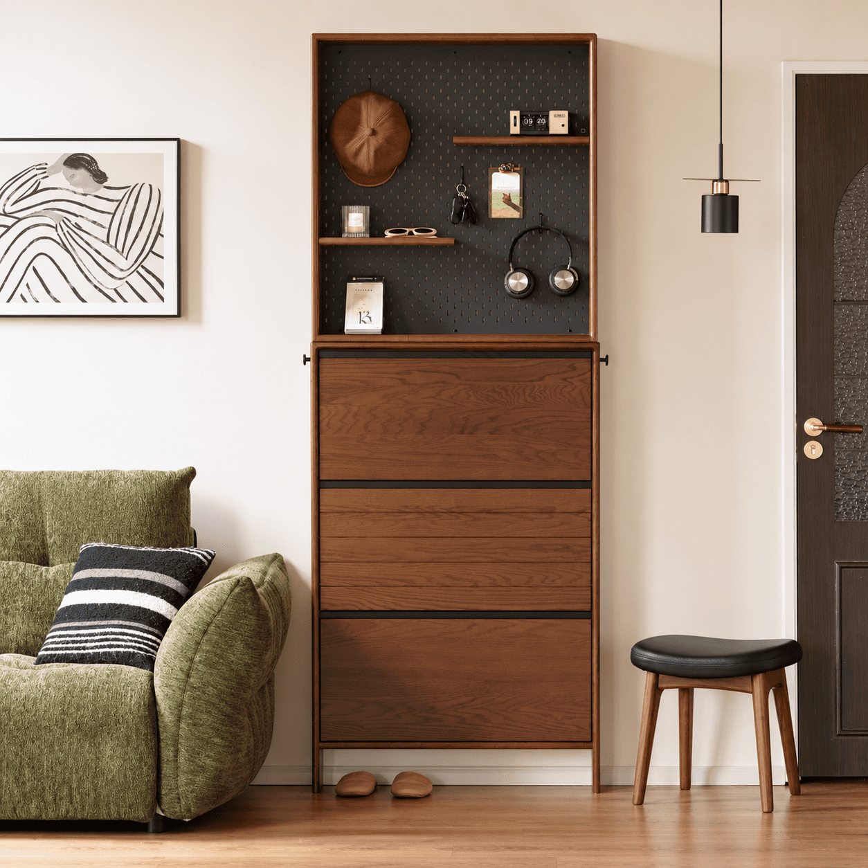 Lowell Solid Oak Shoe Cabinet in Walnut Colour