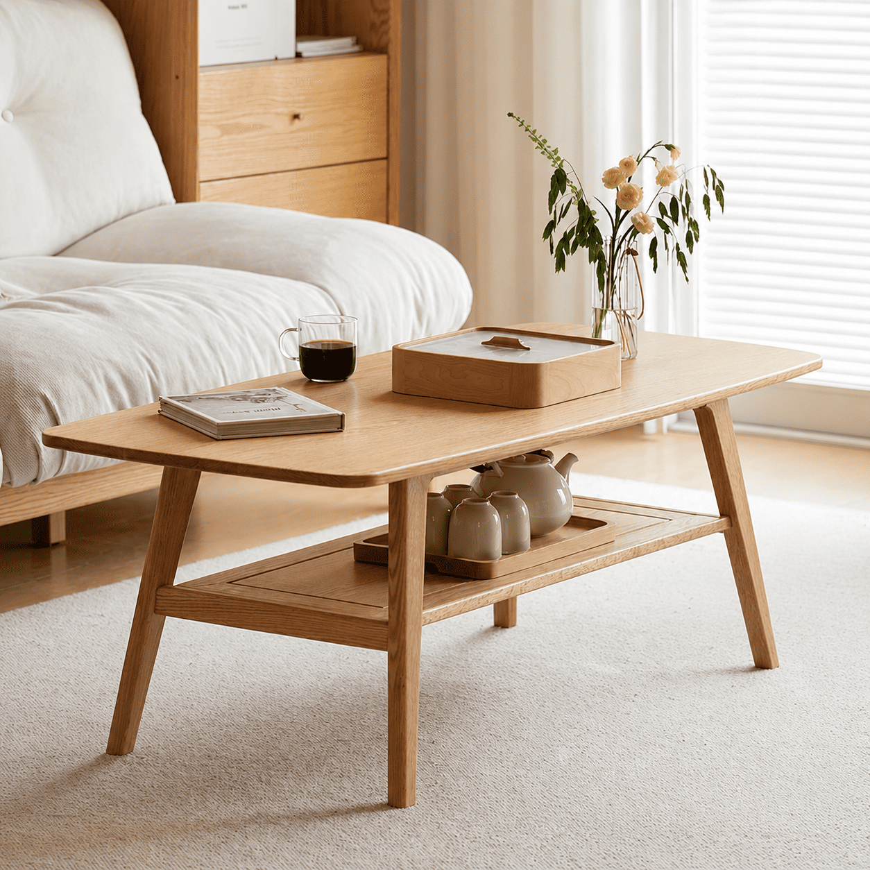 Lubin Natural Solid Oak Coffee Table with Shelf