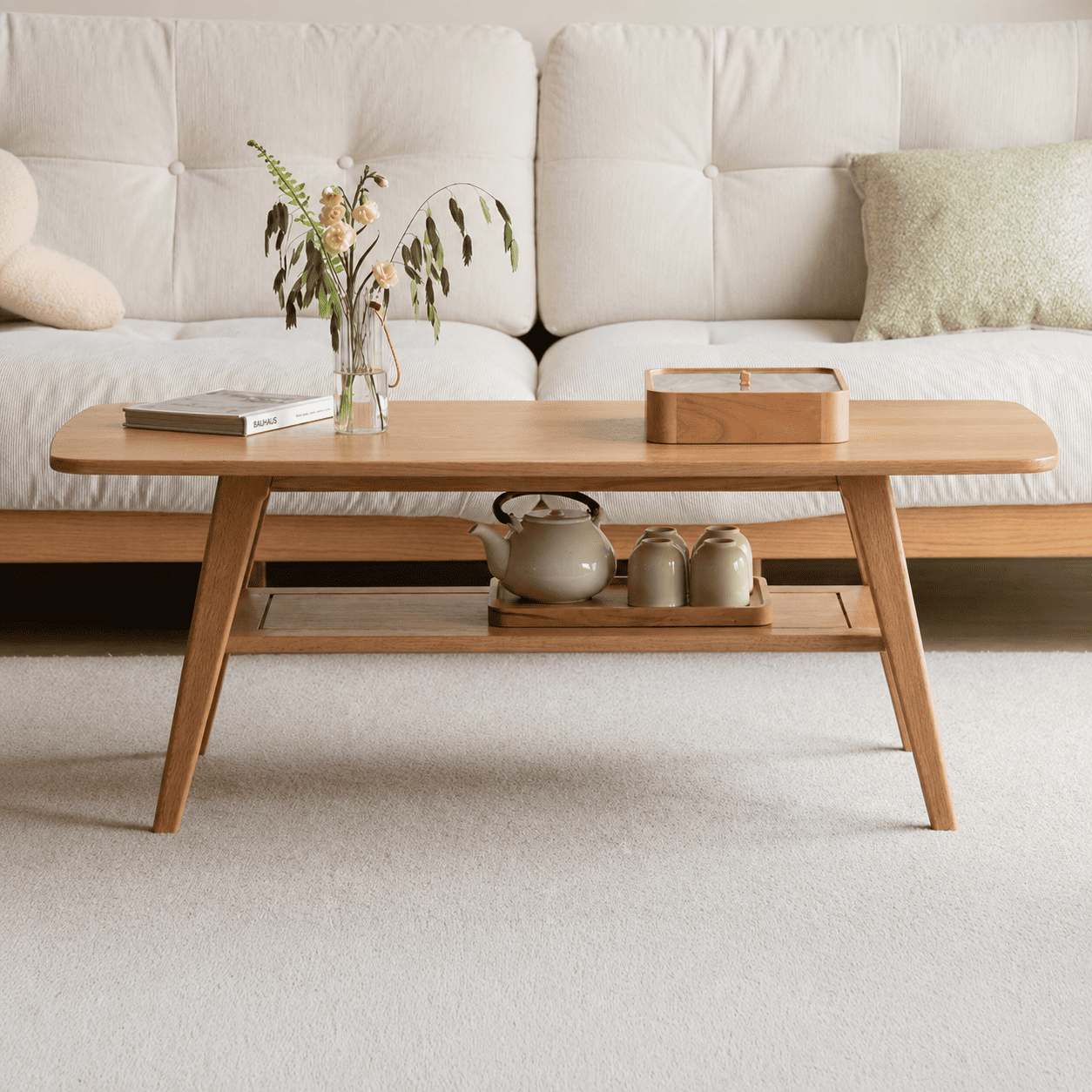 Lubin Natural Solid Oak Coffee Table with Shelf