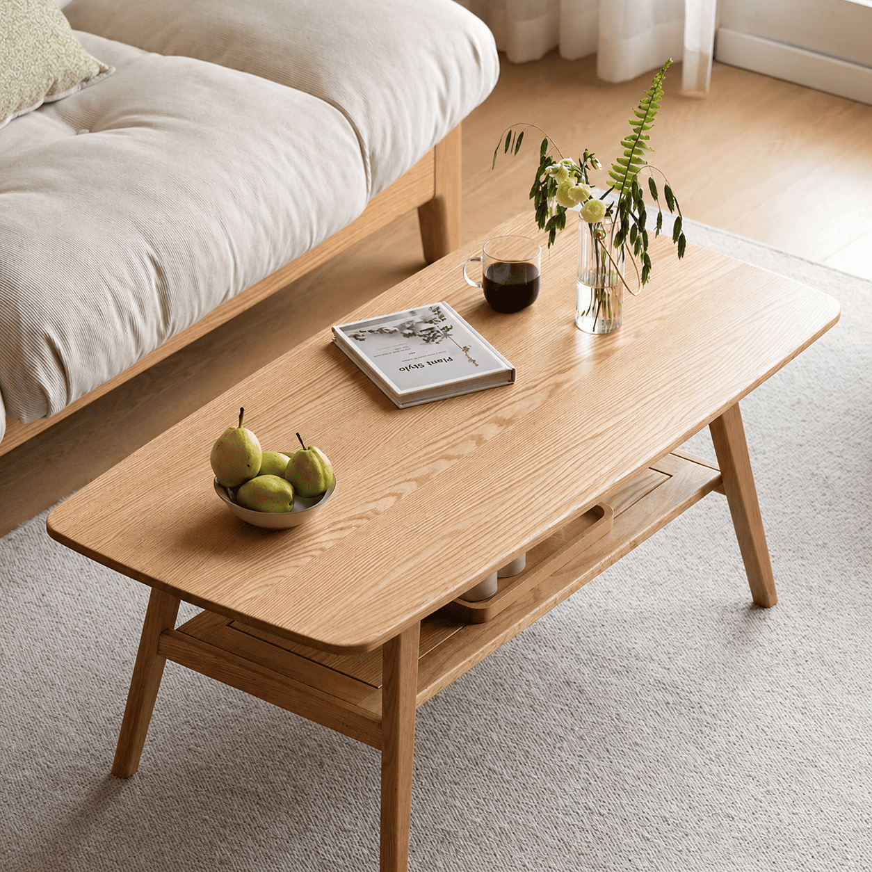 Lubin Natural Solid Oak Coffee Table with Shelf