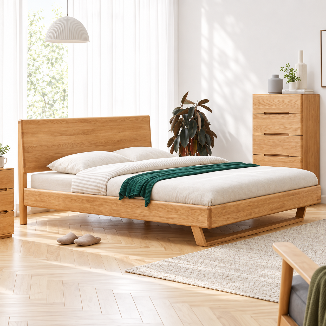 Manchester Natural Solid Oak Queen Size Bed Frame Angle View - Oak Furniture Store