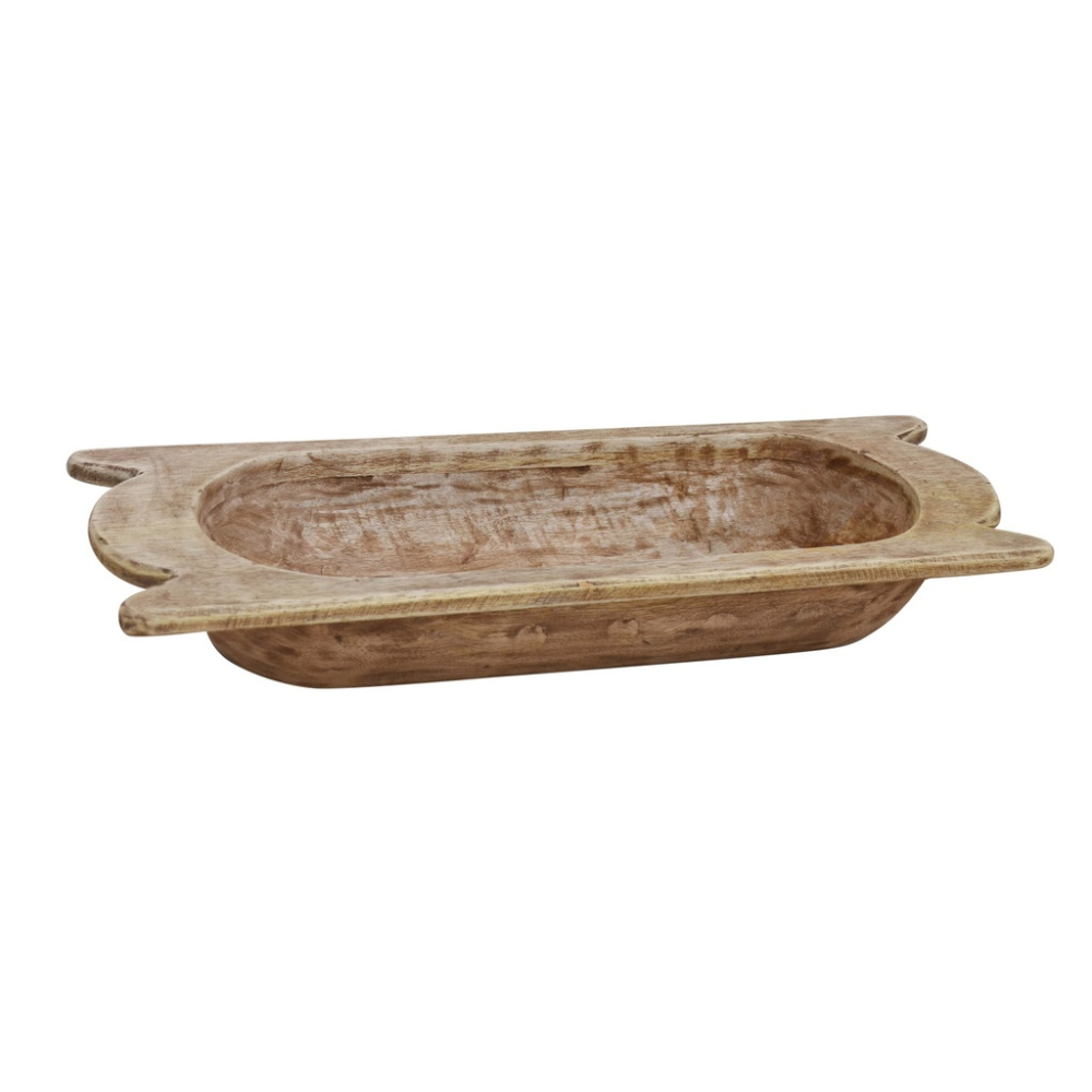 Rustic mango wood serving bowl with carved handles and natural distressed finish