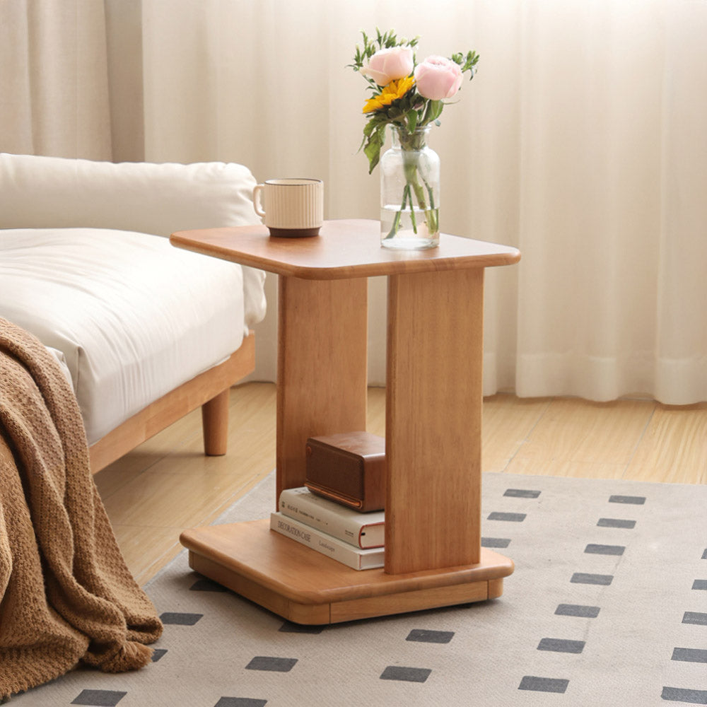 Mantinos Solid Rubber Wood C-Shape Side Table with Caster Wheels