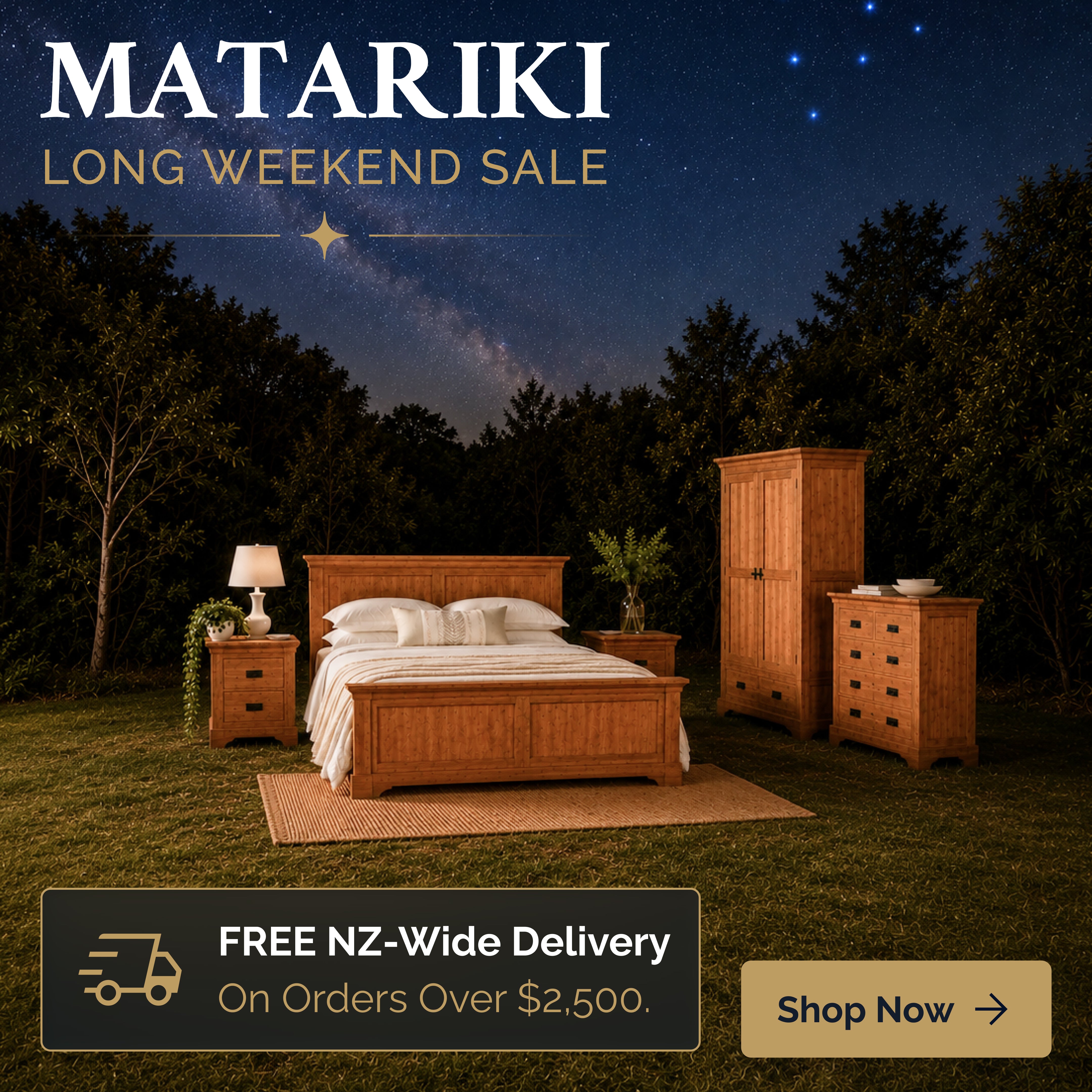 Matariki Long Weekend Sale featuring a solid wood bed frame, bedside tables, wardrobe and chest of drawers with free NZ-wide delivery at Oak Furniture Store