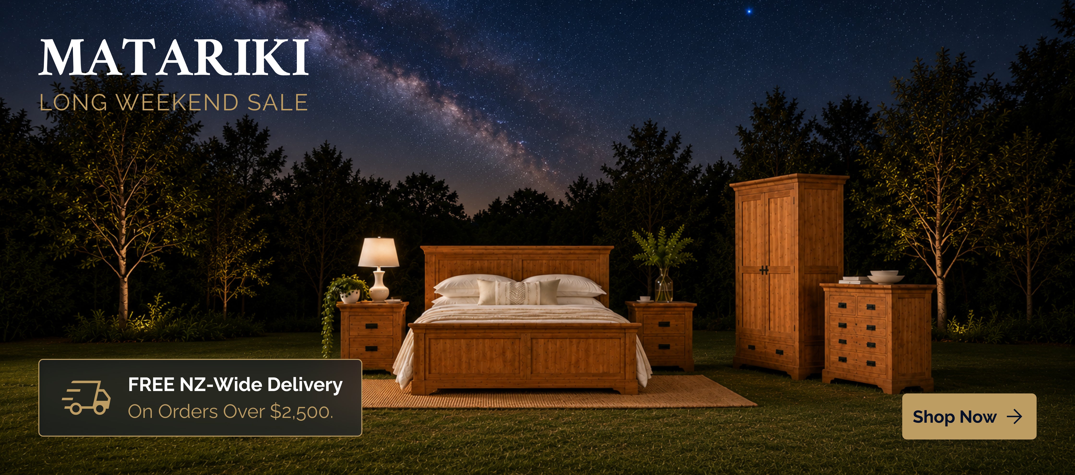 Matariki Long Weekend Sale bedroom furniture promotion with solid wood bed frame, bedside tables, wardrobe, chest of drawers and free NZ-wide delivery