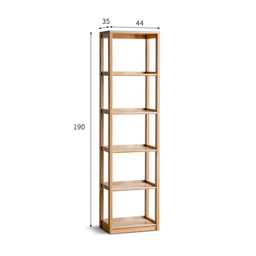 Medolla natural solid oak storage shelf with open shelving used as a bookshelf