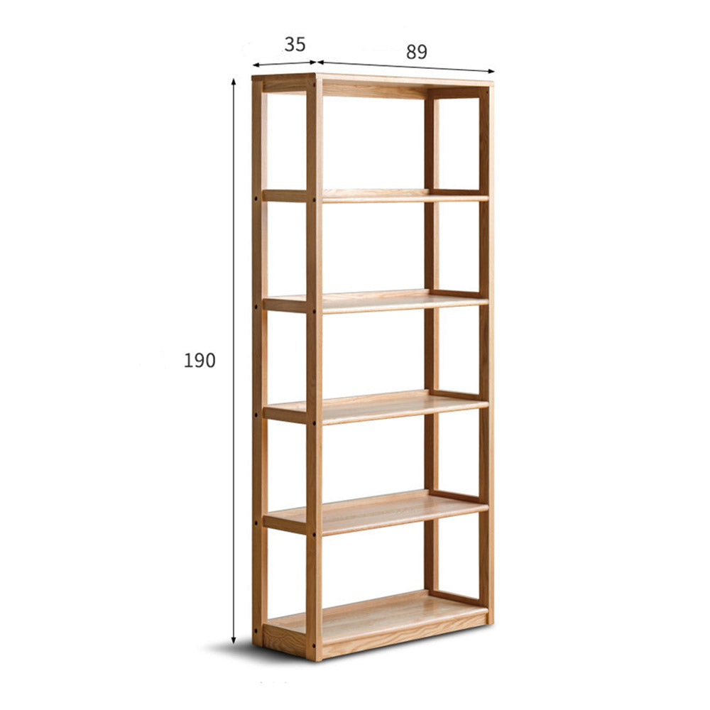 Medolla natural solid oak storage shelf with open shelving used as a bookshelf
