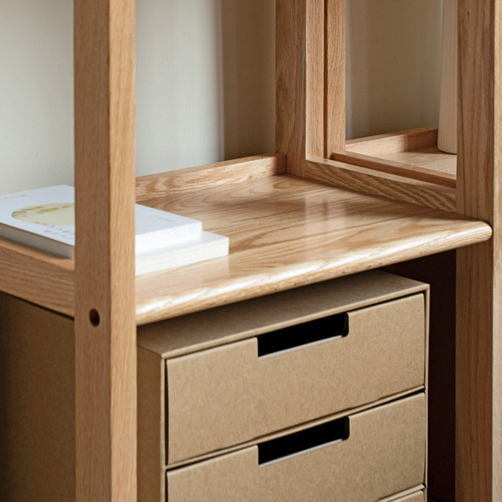 Medolla natural solid oak storage shelf with open shelving used as a bookshelf