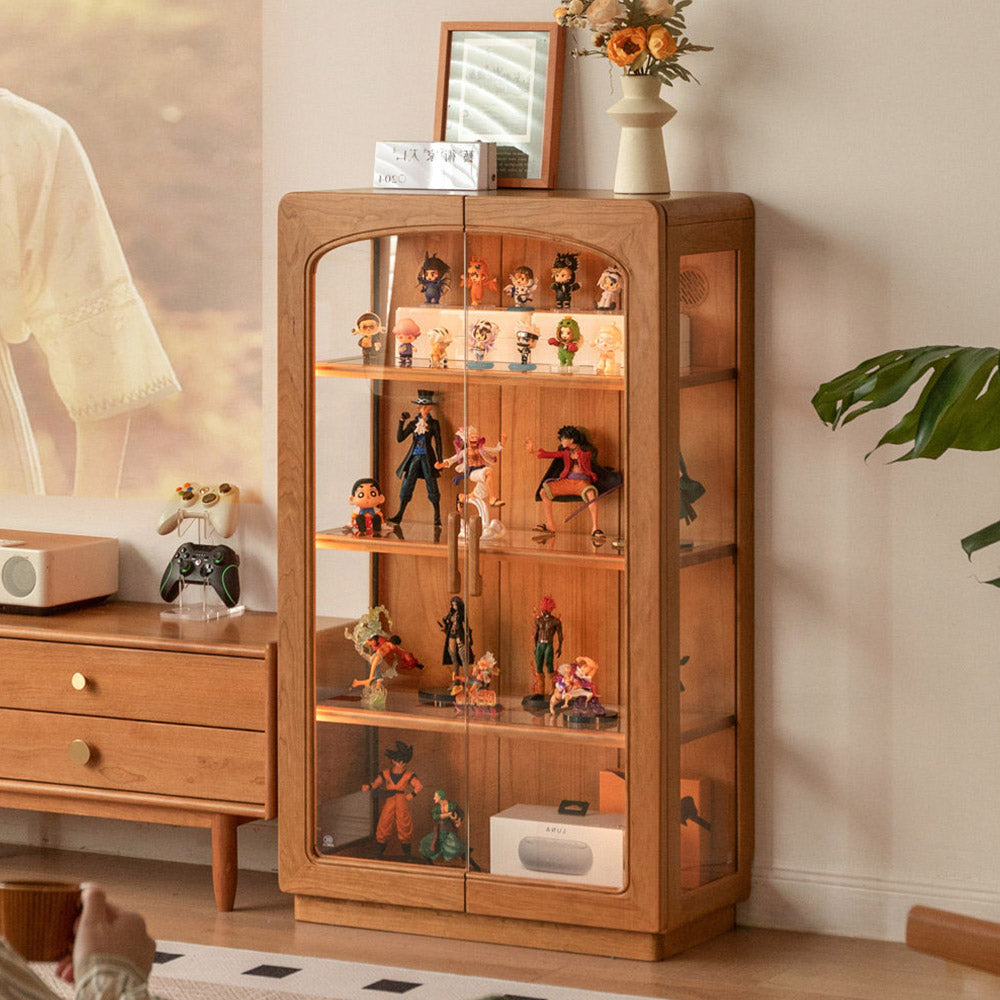 Milis natural solid cherry display cabinet with glass panels and LED lighting in a modern organic Kiwi living room