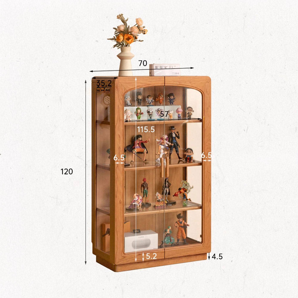Milis natural solid cherry display cabinet with glass panels and LED lighting in a modern organic Kiwi living room