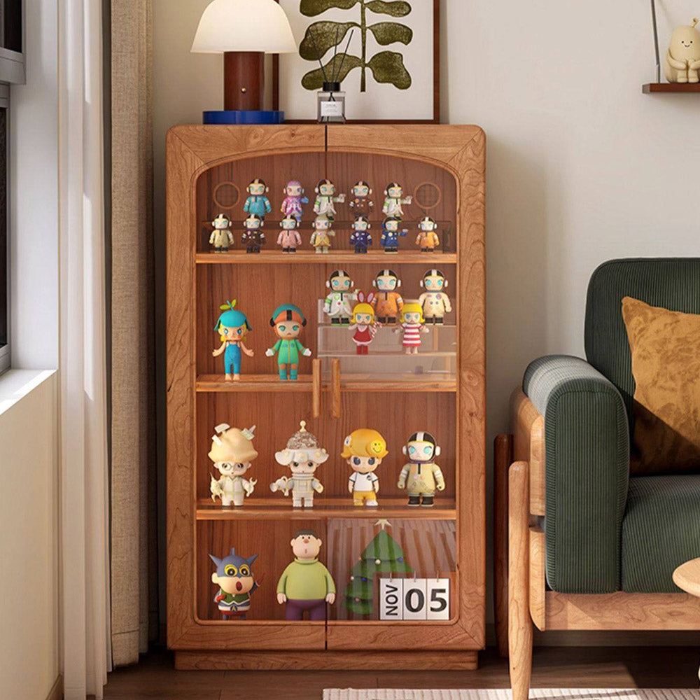 Milis natural solid cherry display cabinet with glass panels and LED lighting in a modern organic Kiwi living room