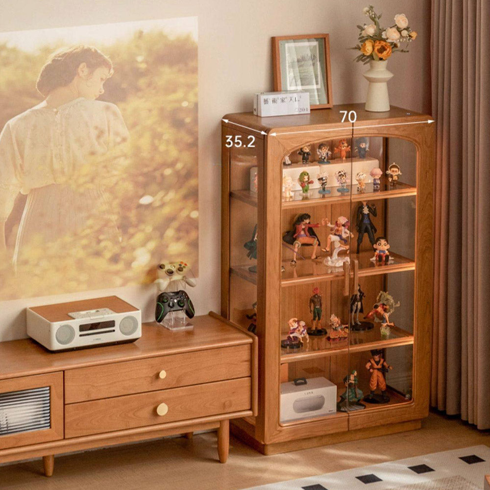 Milis natural solid cherry display cabinet with glass panels and LED lighting in a modern organic Kiwi living room