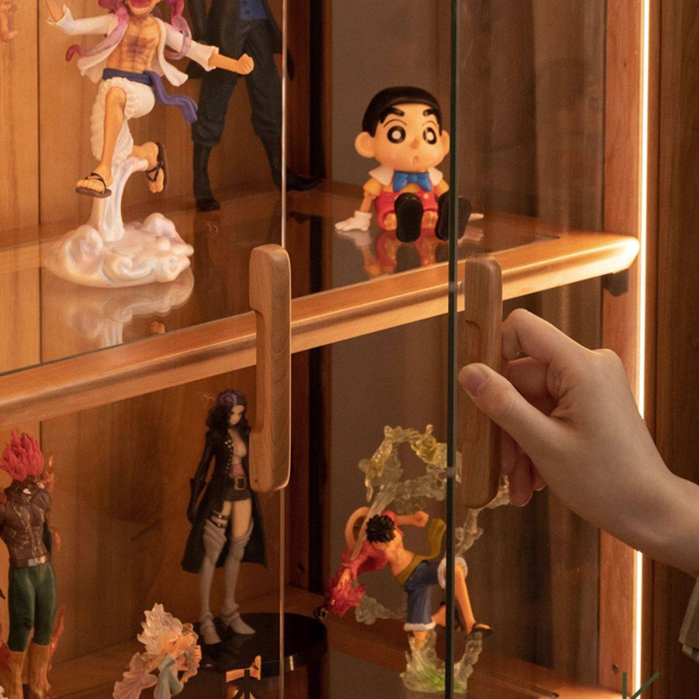 Milis natural solid cherry display cabinet with glass panels and LED lighting in a modern organic Kiwi living room