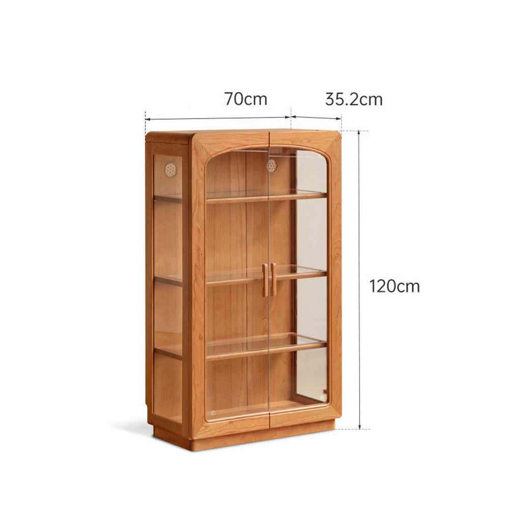 Milis natural solid cherry display cabinet with glass panels and LED lighting in a modern organic Kiwi living room
