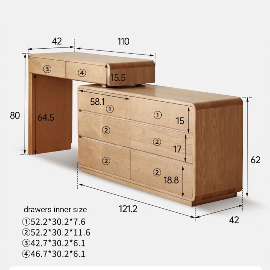 Millburn Solid Ash Extending Turning Dressing Table with Chest of Drawers | Oak Furniture Store
