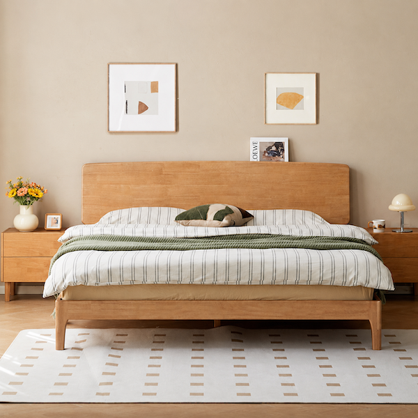 Mirandola Natural Solid Rubber Wood Bed Frame with Adjustable Headboard