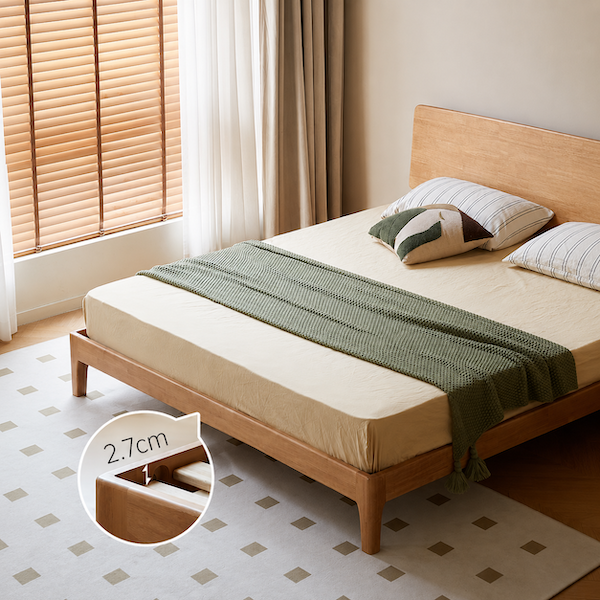 Mirandola Natural Solid Rubber Wood Bed Frame with Adjustable Headboard