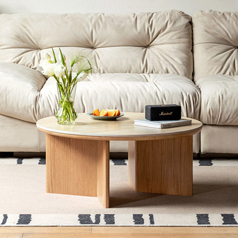 Mitro round oak coffee table with travertine ceramic top. Marble-look durability for modern Aussie homes. Shop now online.