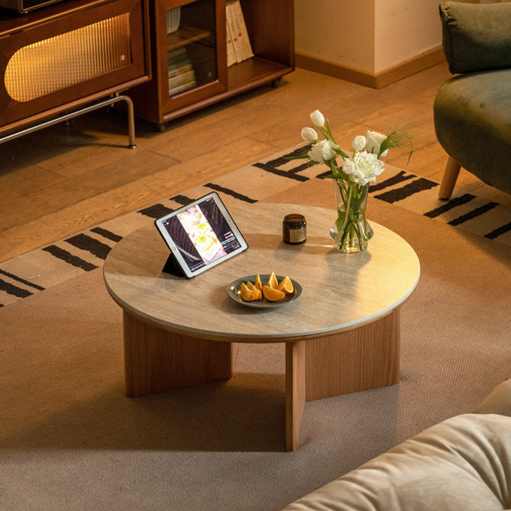 Mitro round oak coffee table with travertine ceramic top. Marble-look durability for modern Aussie homes. Shop now online.