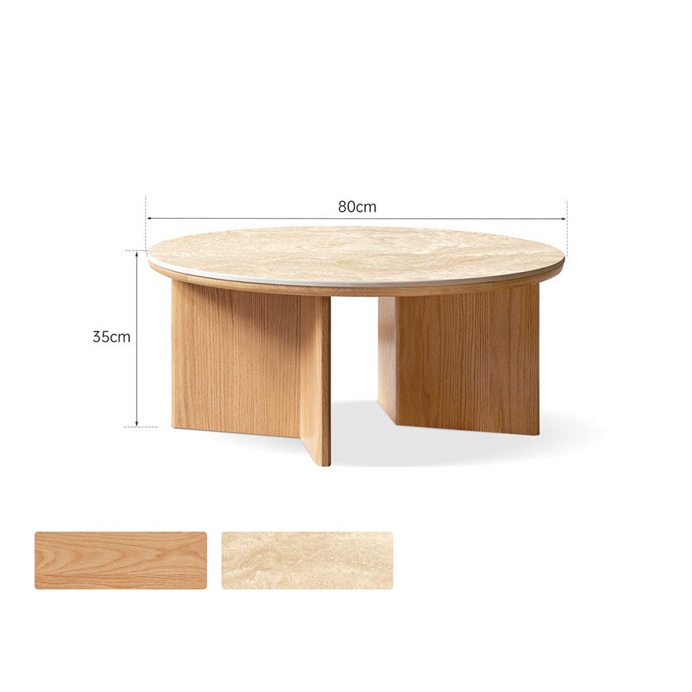 Mitro round oak coffee table with travertine ceramic top. Marble-look durability for modern Aussie homes. Shop now online.