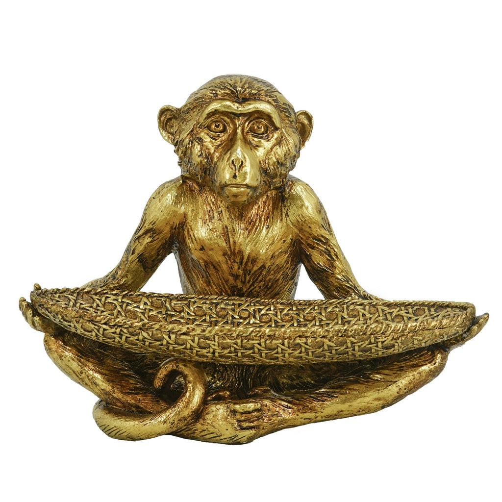 Gold monkey decorative tray with woven-look serving bowl and detailed sculptural design